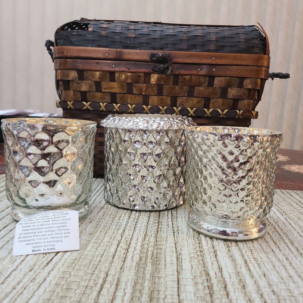 Trio of Metallic Glass Candle Holders Small Size Metallic Colors NEW